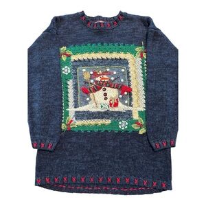 Snowman Christmas Sweater Embroidered Oversized S Festive Holiday Cozy Knit EUC